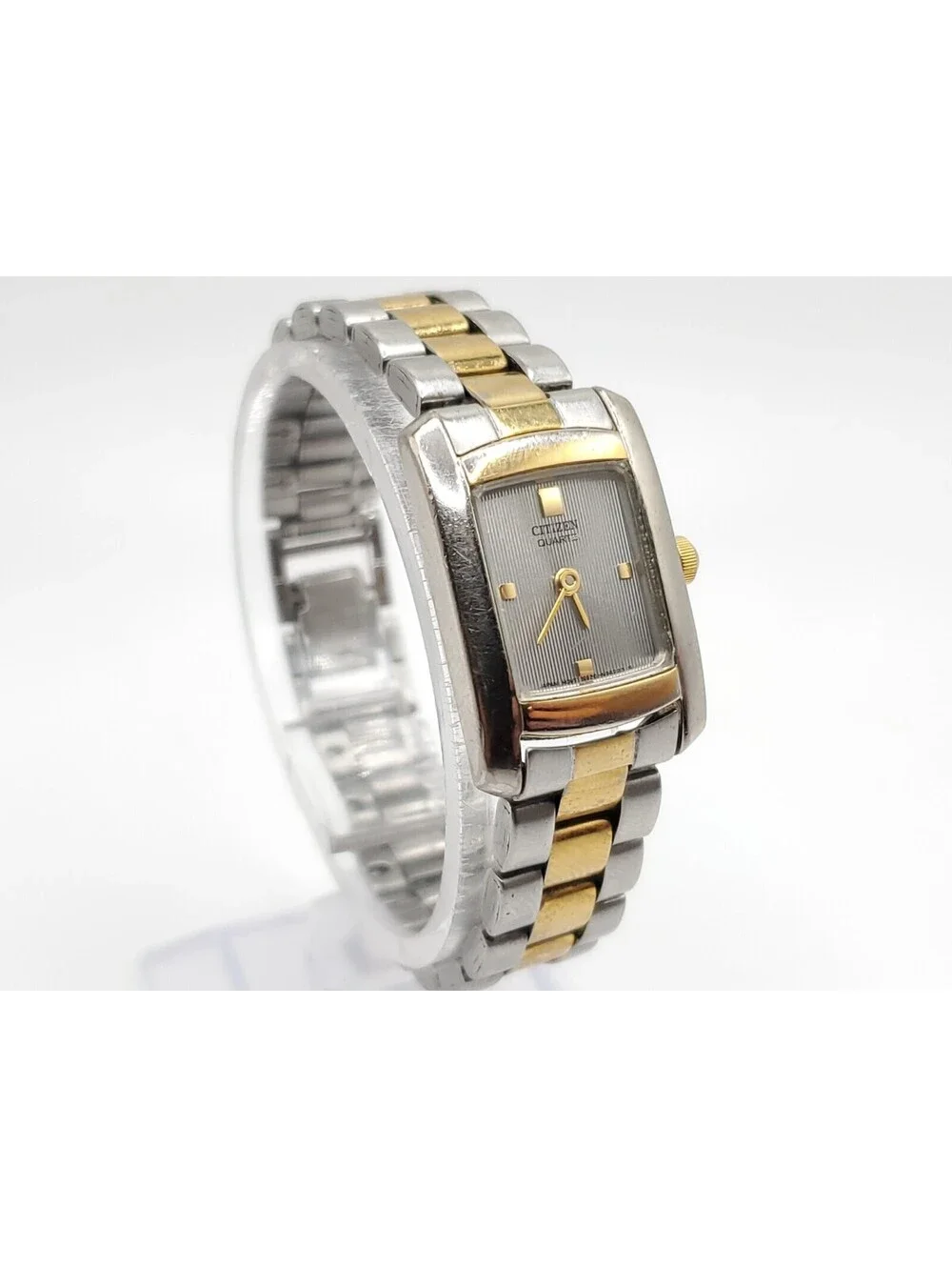 Citizen Quartz Watch Womens New Battery Two-Tone Silver Line Dial Rectangle 17mm
